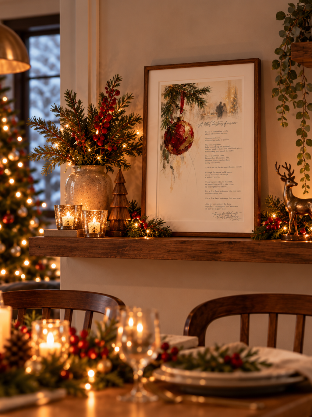 A Little Christmas of Our Own framed Christmas poetry print displayed in a warmly lit festive living room with Christmas decorations and greenery.