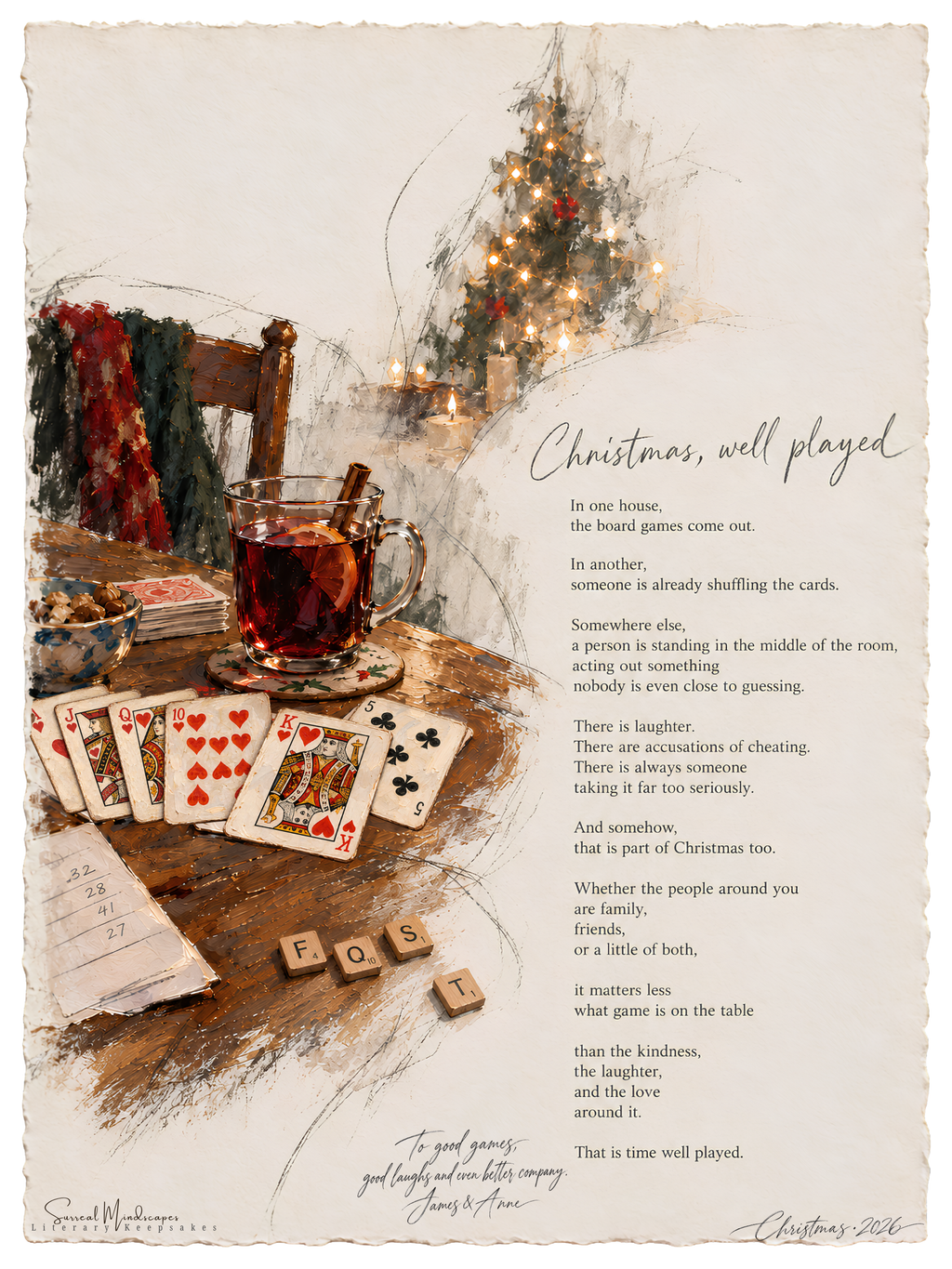 Christmas, Well Played literary Fine Art print featuring playing cards, Scrabble tiles, a festive drink, a softly lit Christmas tree and a poem about Christmas games.