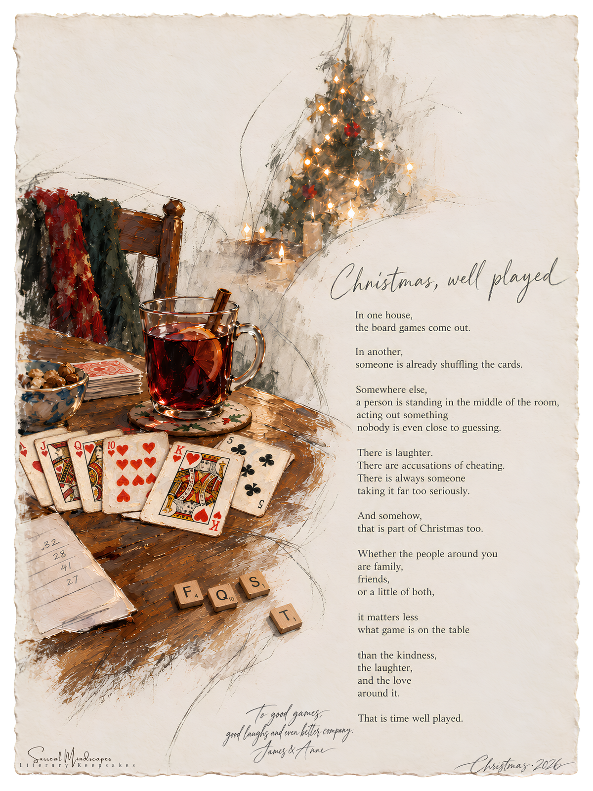 Christmas, Well Played literary Fine Art print featuring playing cards, Scrabble tiles, a festive drink, a softly lit Christmas tree and a poem about Christmas games.