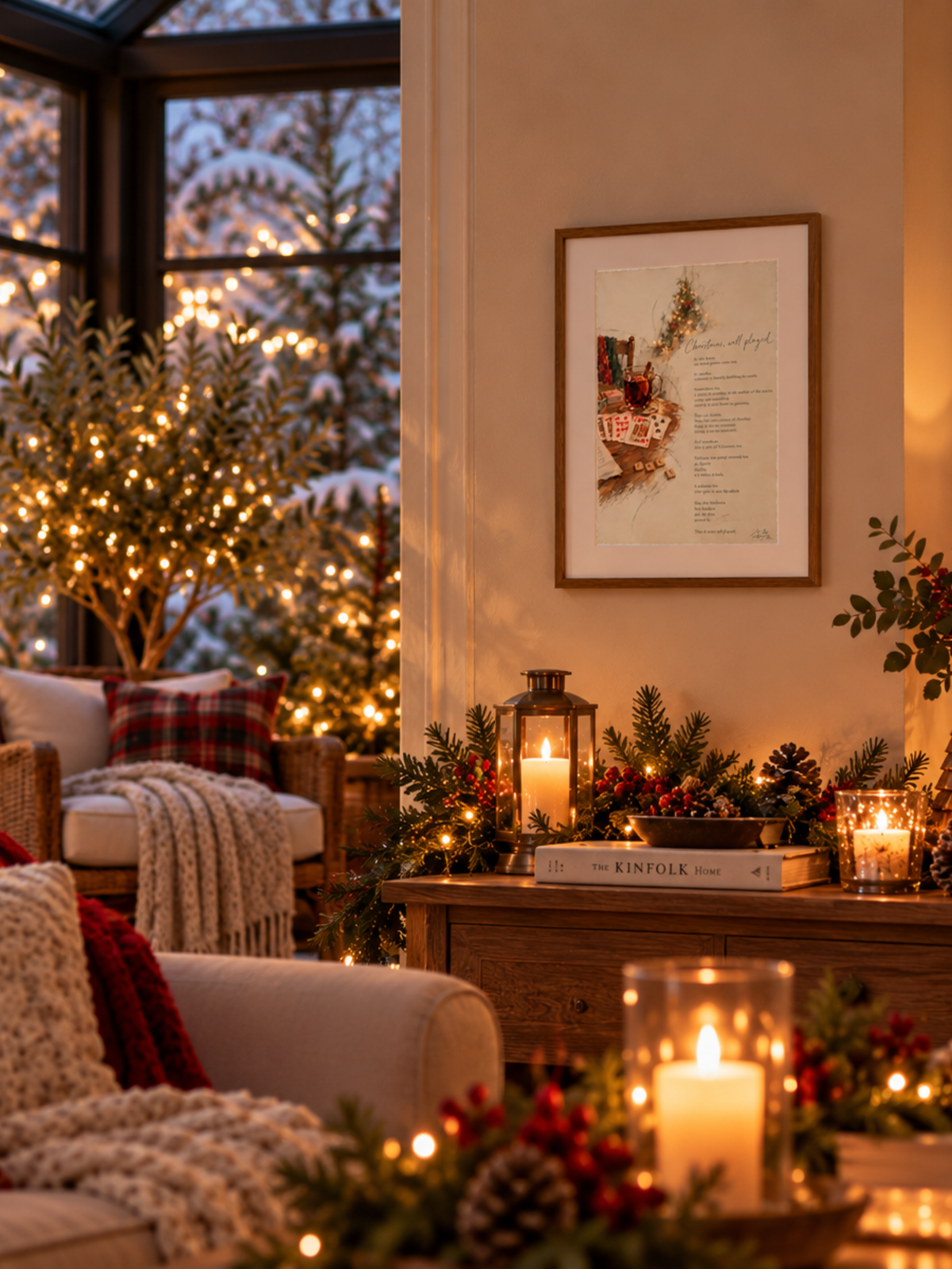 Framed Christmas, Well Played poetry print displayed in a cosy festive living room with warm lights, candles and Christmas decorations.