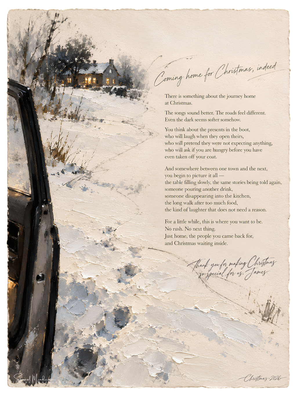 Coming Home for Christmas, Indeed – literary Fine Art print showing an open car door, a snowy path leading to a warmly lit house, and Christmas poetry.