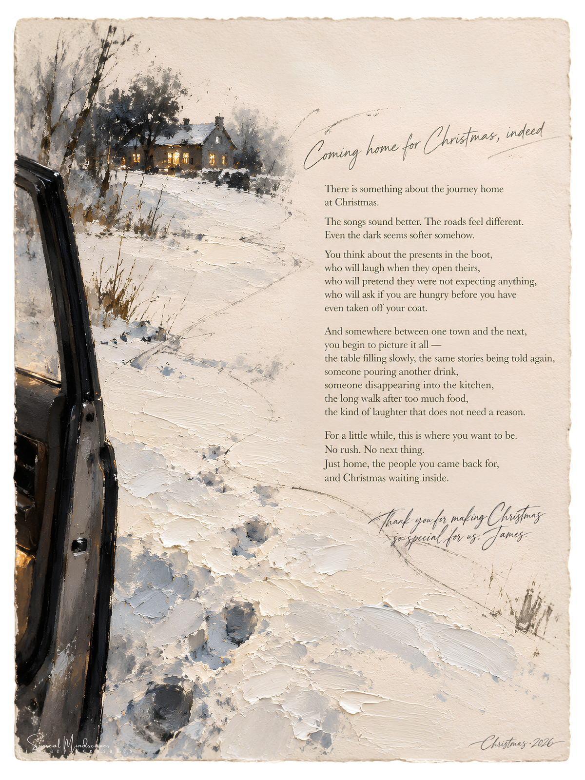 Coming Home for Christmas, Indeed – literary Fine Art print showing an open car door, a snowy path leading to a warmly lit house, and Christmas poetry.