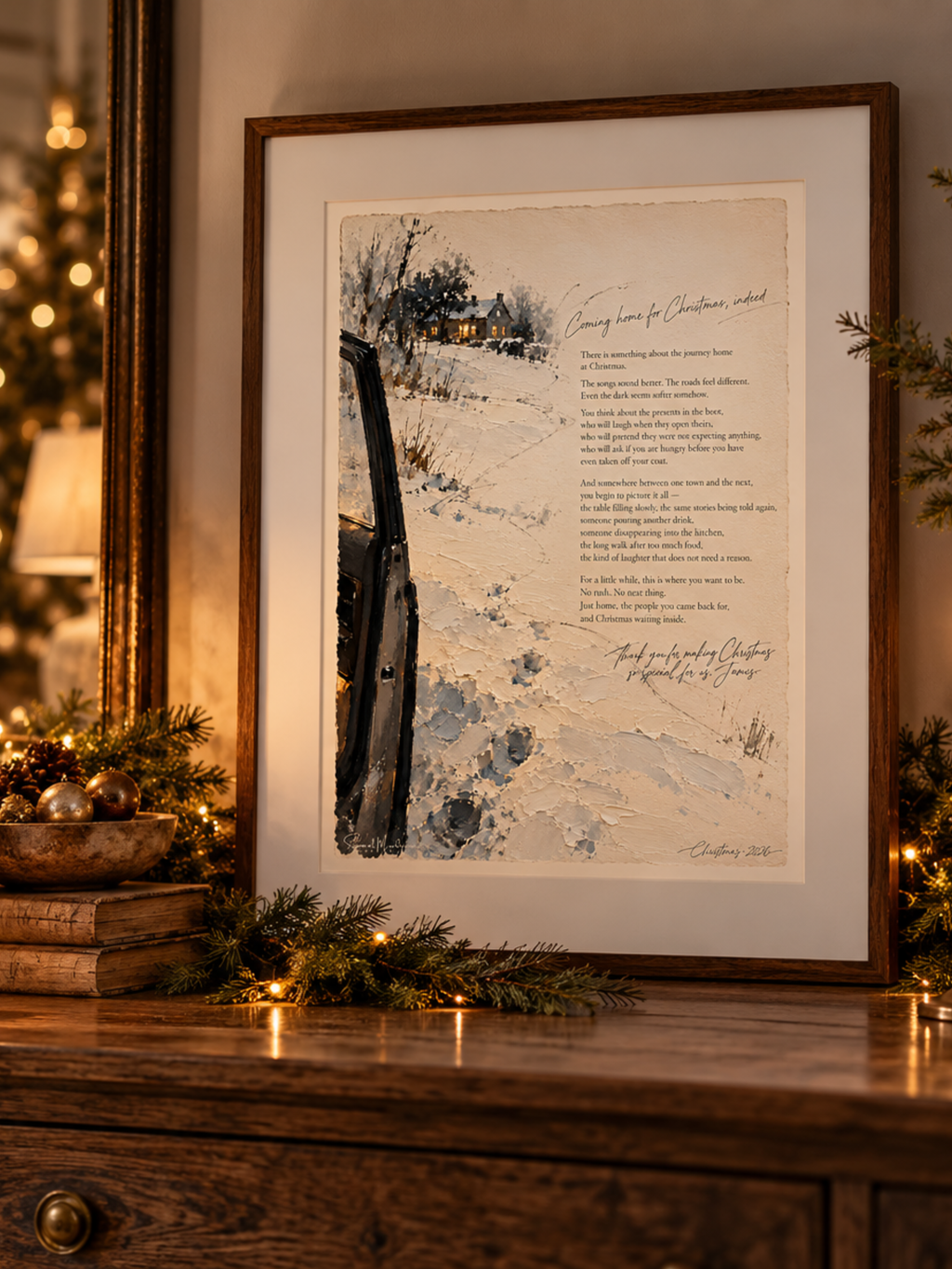 Coming Home for Christmas, Indeed – framed Christmas literary Fine Art print displayed on a wooden console with festive greenery and warm Christmas lights.