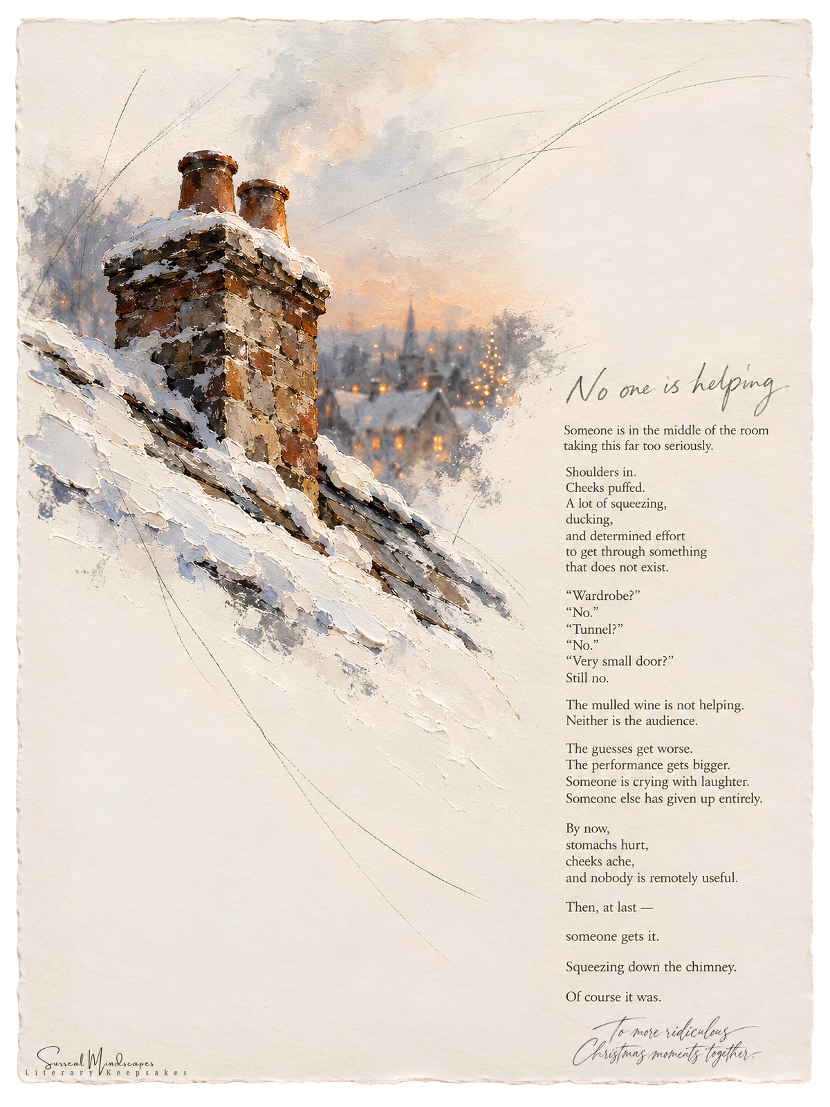 No One Is Helping Christmas literary Fine Art print featuring a snowy rooftop with two birds, graphite-inspired drawing and a humorous poem about Christmas charades.