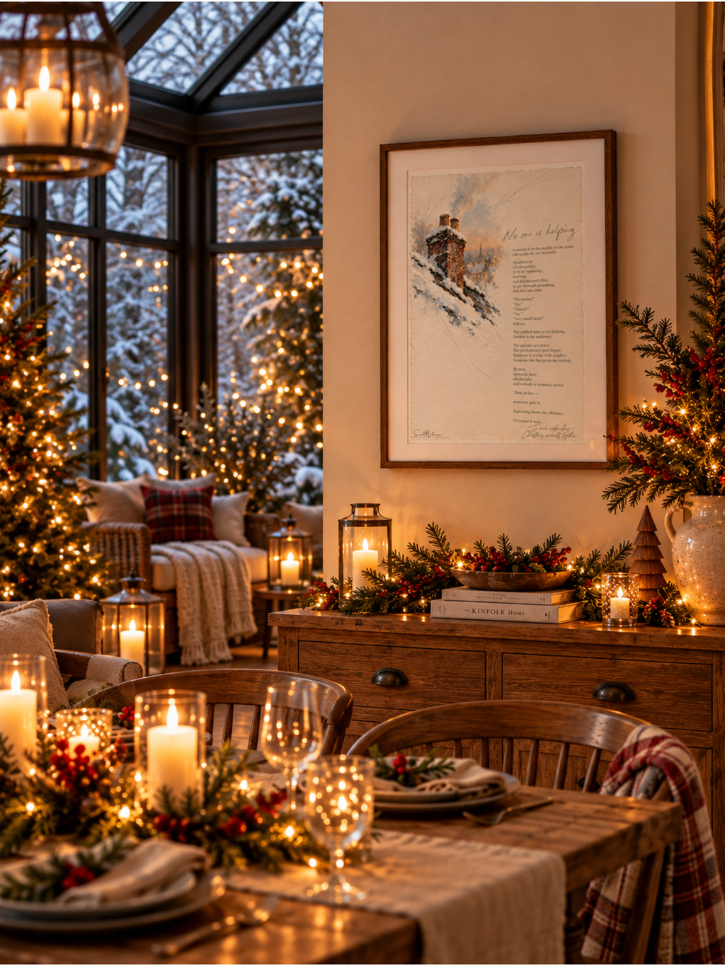 Framed No One Is Helping Christmas poetry print displayed in a warmly lit festive interior with candles, Christmas greenery and a decorated dining table.