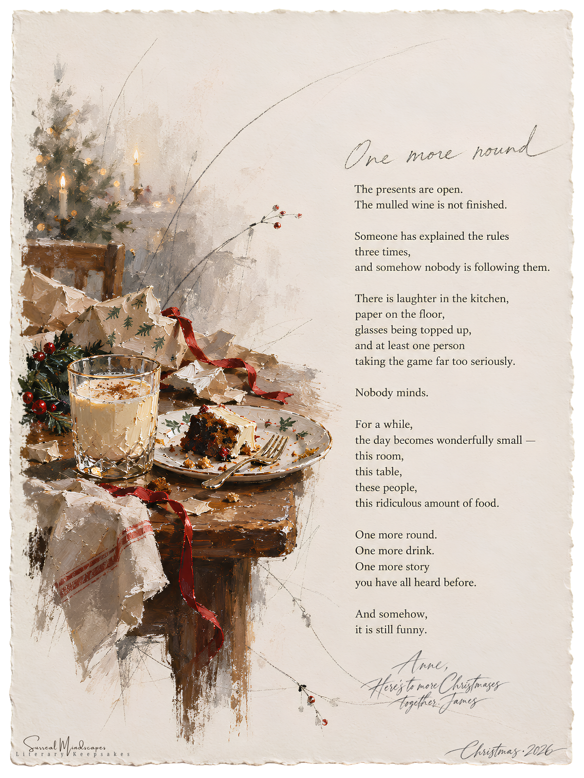 One More Round Christmas literary Fine Art print featuring a festive table with drinks, Christmas decorations and a poem about unhurried gatherings.