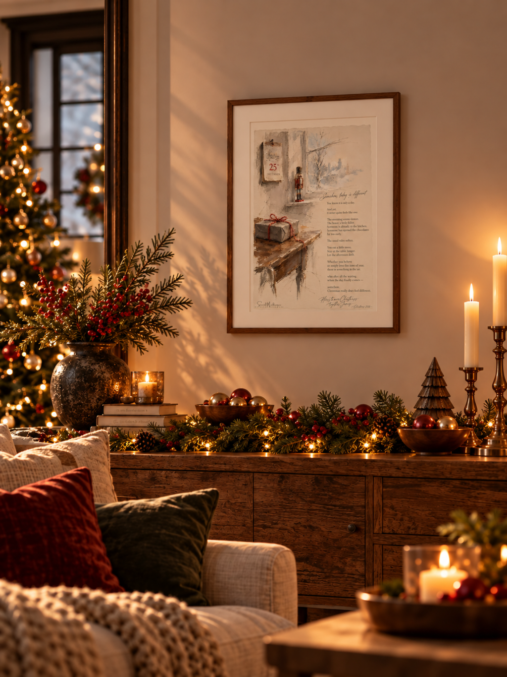 Somehow, Today Is Different framed Christmas poetry print displayed in a cosy festive interior with warm lighting and seasonal decorations.