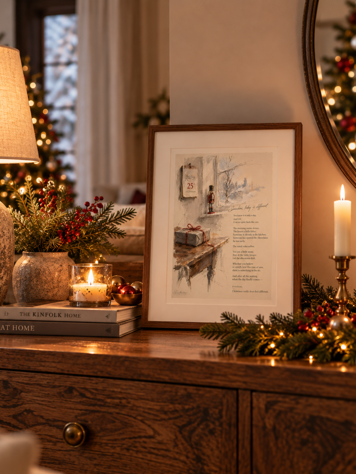 Somehow, Today Is Different Christmas Fine Art keepsake shown in a wooden frame on a console table, surrounded by festive greenery and warm lights.