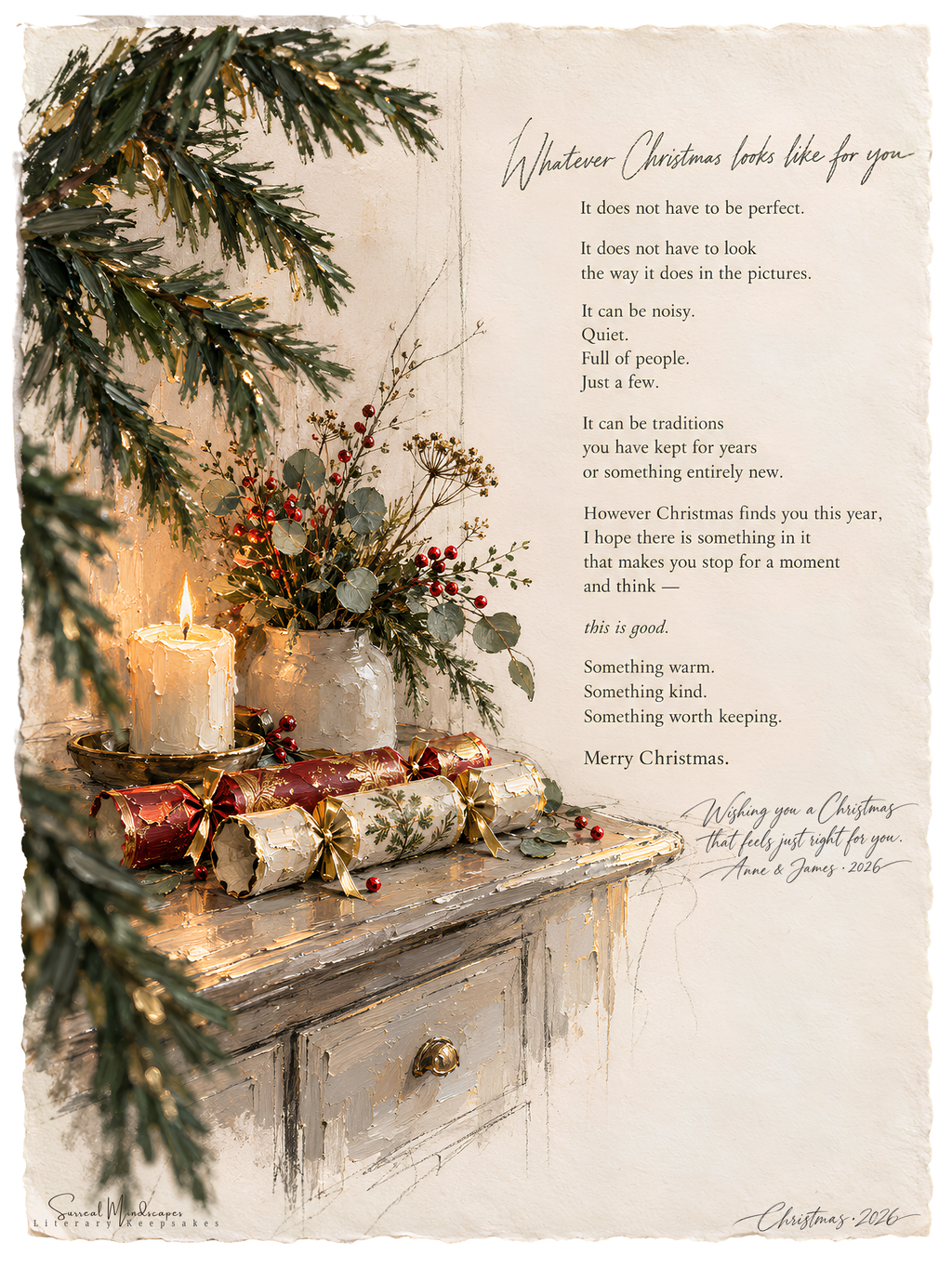 Whatever Christmas Looks Like for You literary Fine Art print with evergreen branches, candles, wrapped presents and a thoughtful Christmas poem on textured ivory paper.