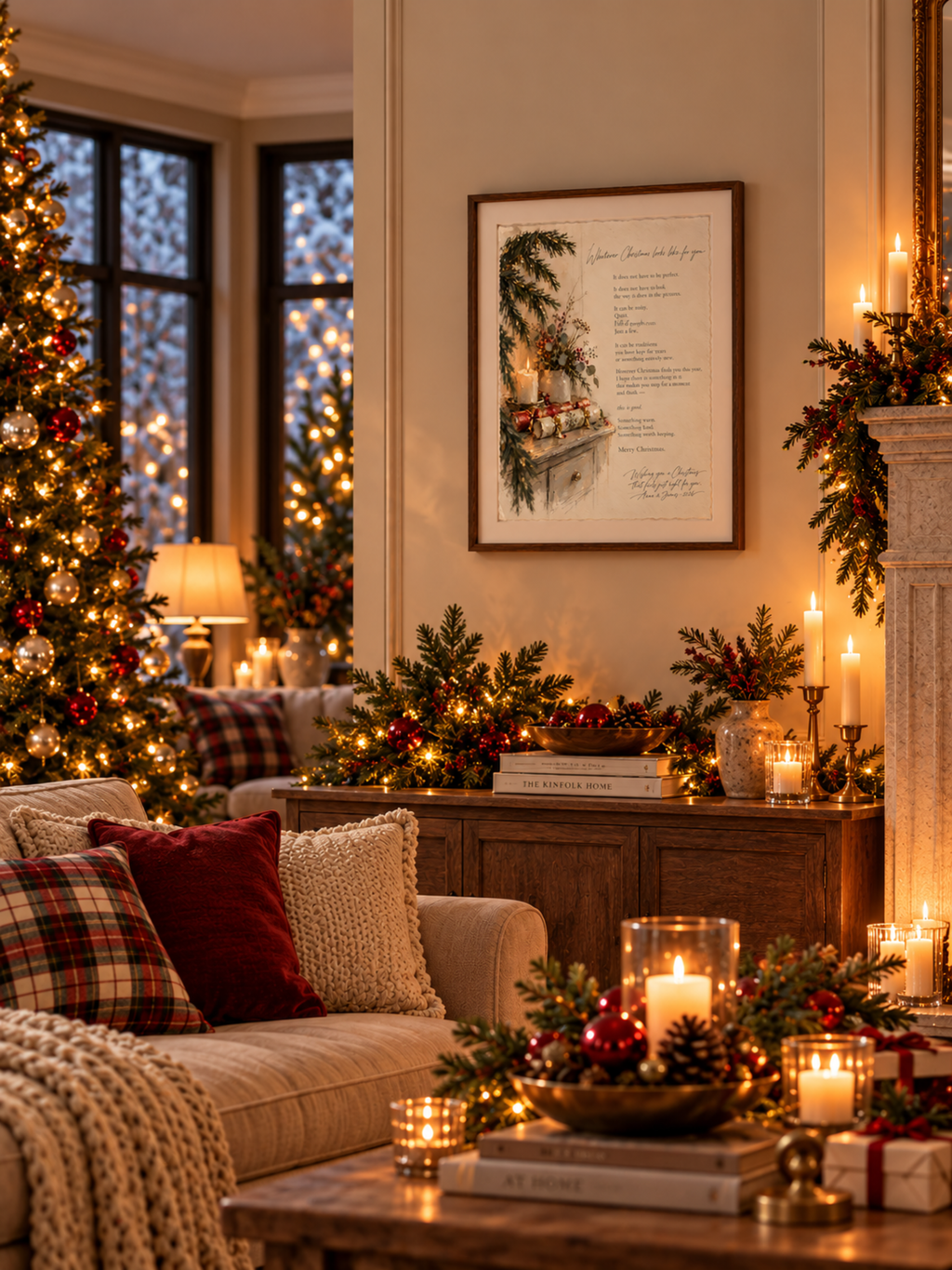 Framed Whatever Christmas Looks Like for You Christmas poetry print displayed in a cosy living room with festive greenery, candles and warm Christmas lights.